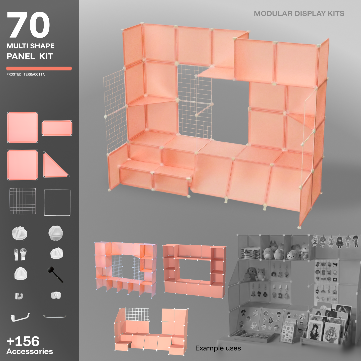 Artistbooths Frosted Terracotta 70-panel modular booth assembled, with example display uses for the kit