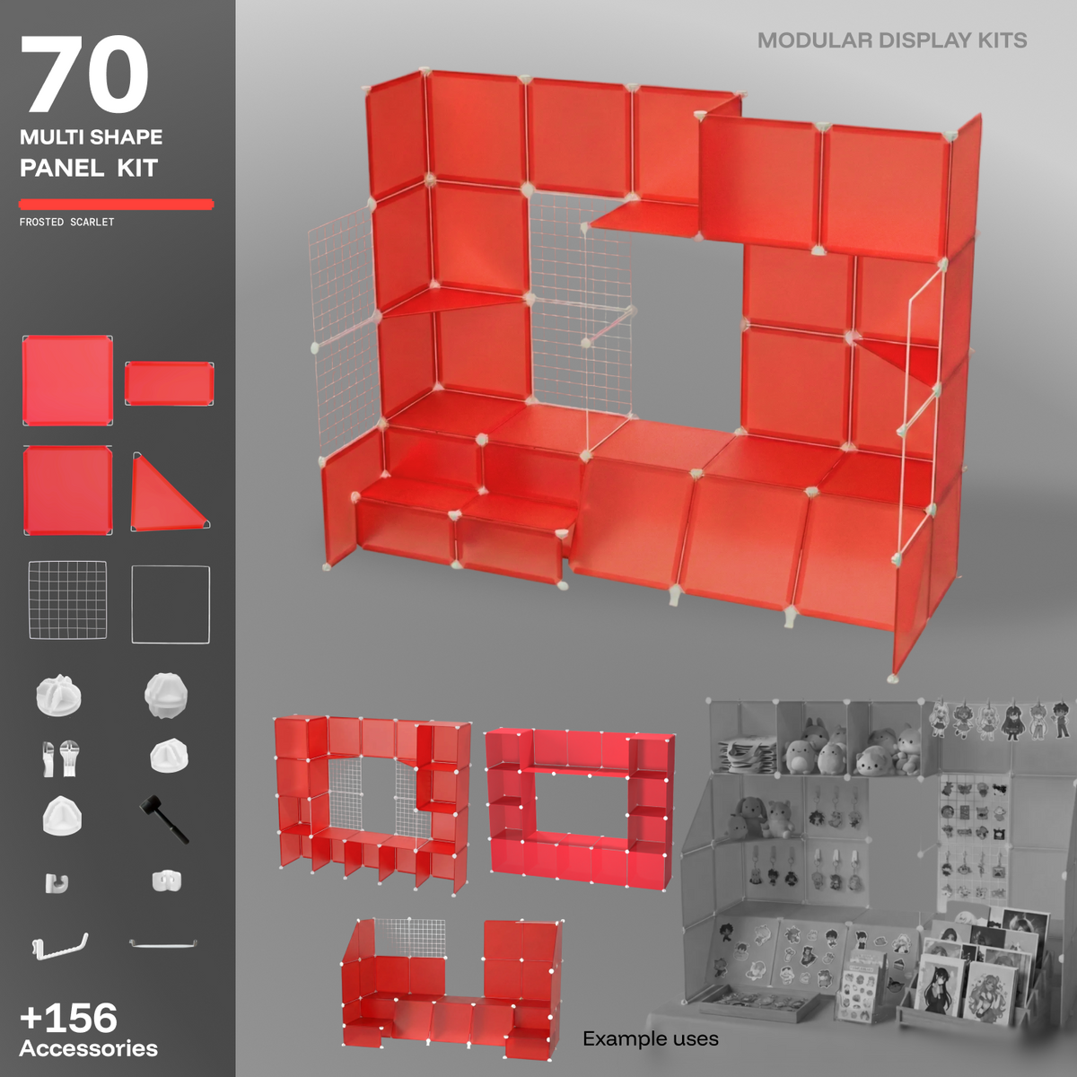 Artistbooths Frosted Scarlet Red 70-panel modular booth assembled in 3D, with example display layouts