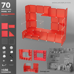 Artistbooths Frosted Scarlet Red 70-panel modular booth assembled in 3D, with example display layouts