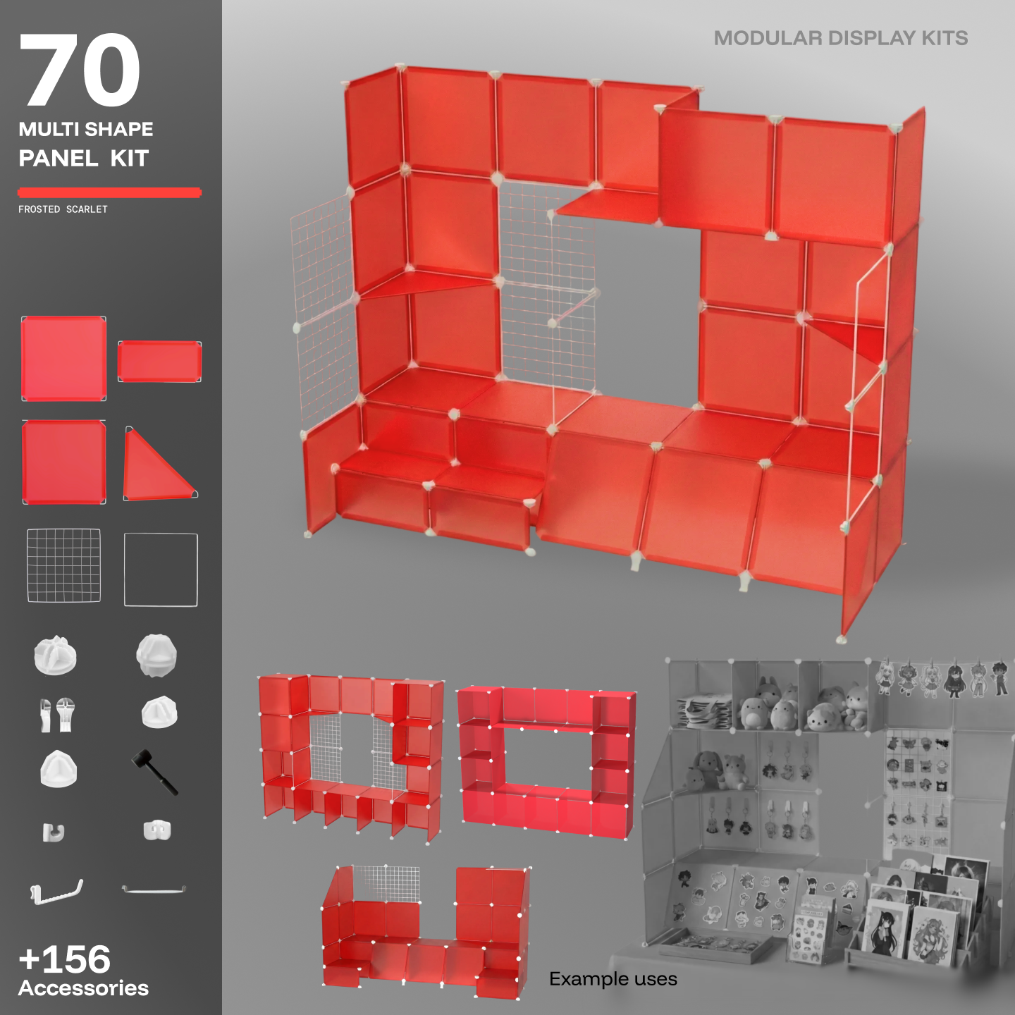 Artistbooths Frosted Scarlet Red 70-panel modular booth assembled in 3D, with example display layouts