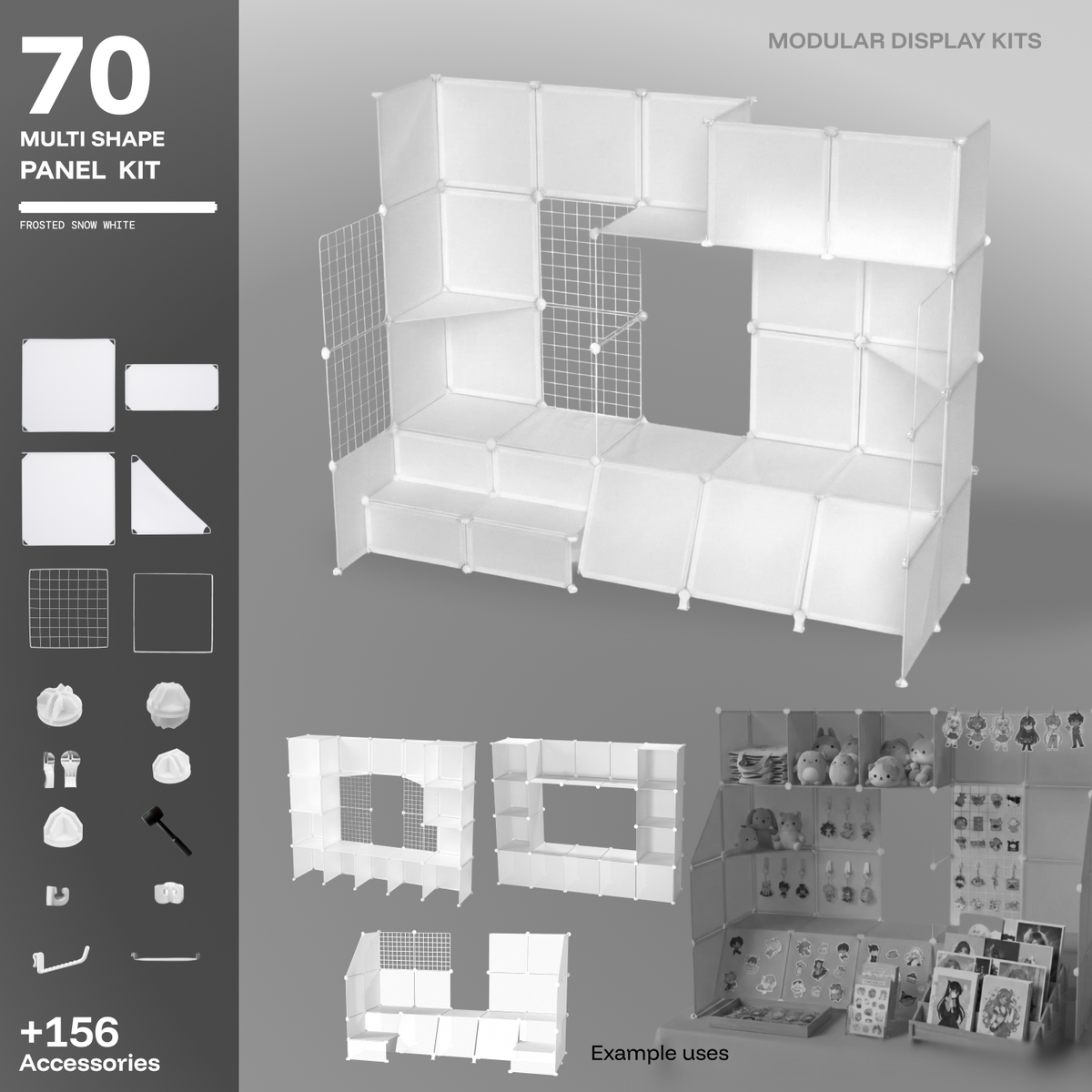 Artistbooths Frosted Snow White 70-panel modular booth kit assembled, with example display layouts