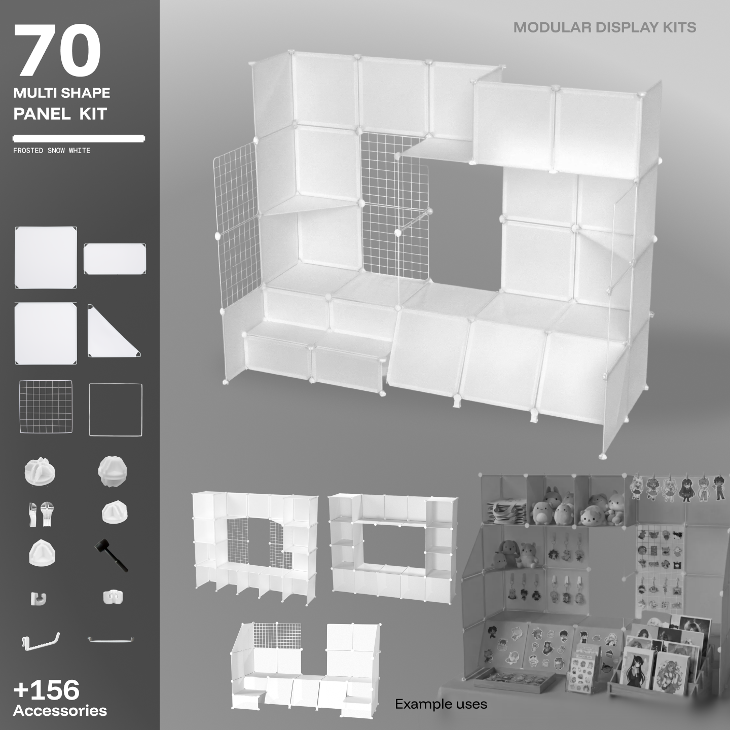 Artistbooths Frosted Snow White 70-panel modular booth kit assembled, with example display layouts