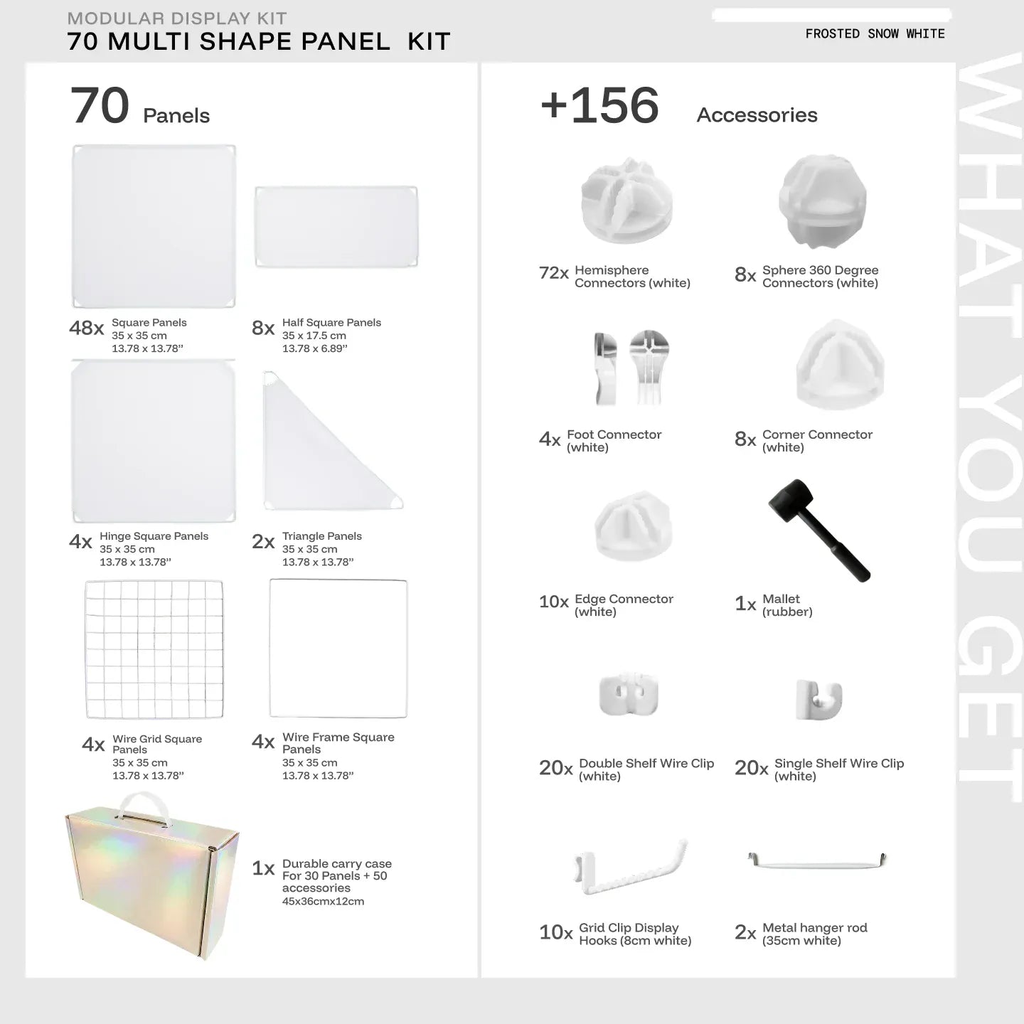 Frosted Snow White Shapeshift 70-panel kit — what's included: 70 multi-shape panels + 156 accessories