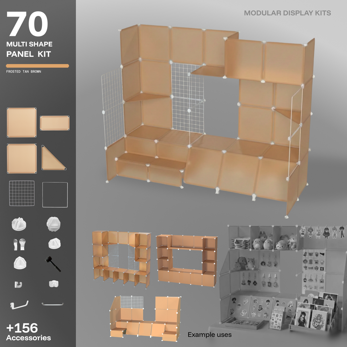 Artistbooths Frosted Tan Brown 70-panel modular booth assembled, with example display layouts