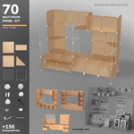 Artistbooths Frosted Tan Brown 70-panel modular booth assembled, with example display layouts