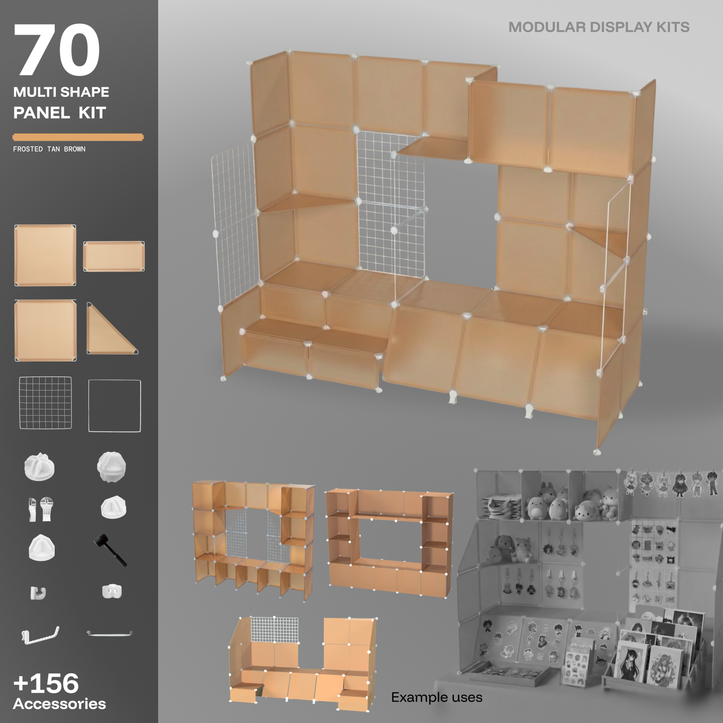 Artistbooths Frosted Tan Brown 70-panel modular booth assembled, with example display layouts