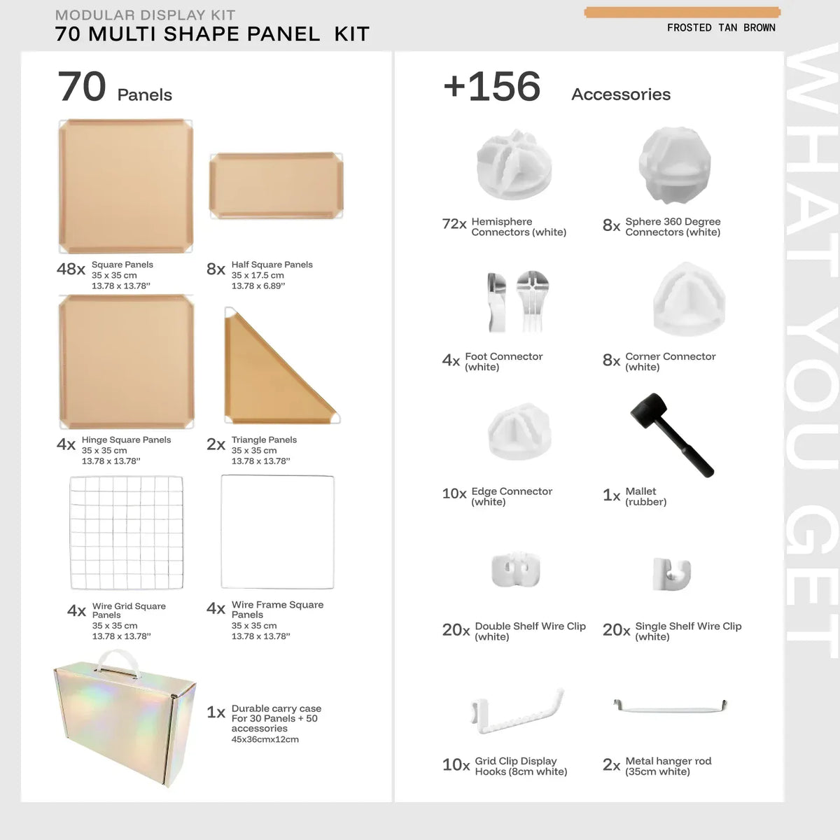 Frosted Tan Brown Shapeshift 70-panel kit — what's included: 70 multi-shape panels + 156 accessories