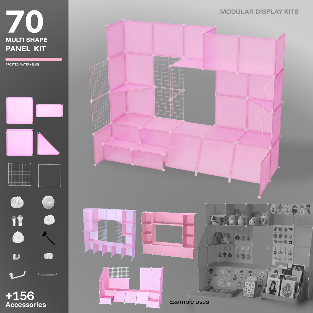 Artistbooths Frosted Watermelon Pink 70-panel modular booth kit assembled, with example display layouts