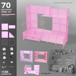 Artistbooths Frosted Watermelon Pink 70-panel modular booth kit assembled, with example display layouts