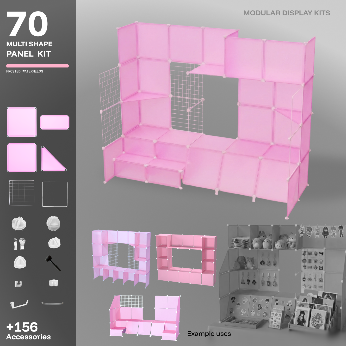 Artistbooths Frosted Watermelon Pink 70-panel modular booth kit assembled, with example display layouts