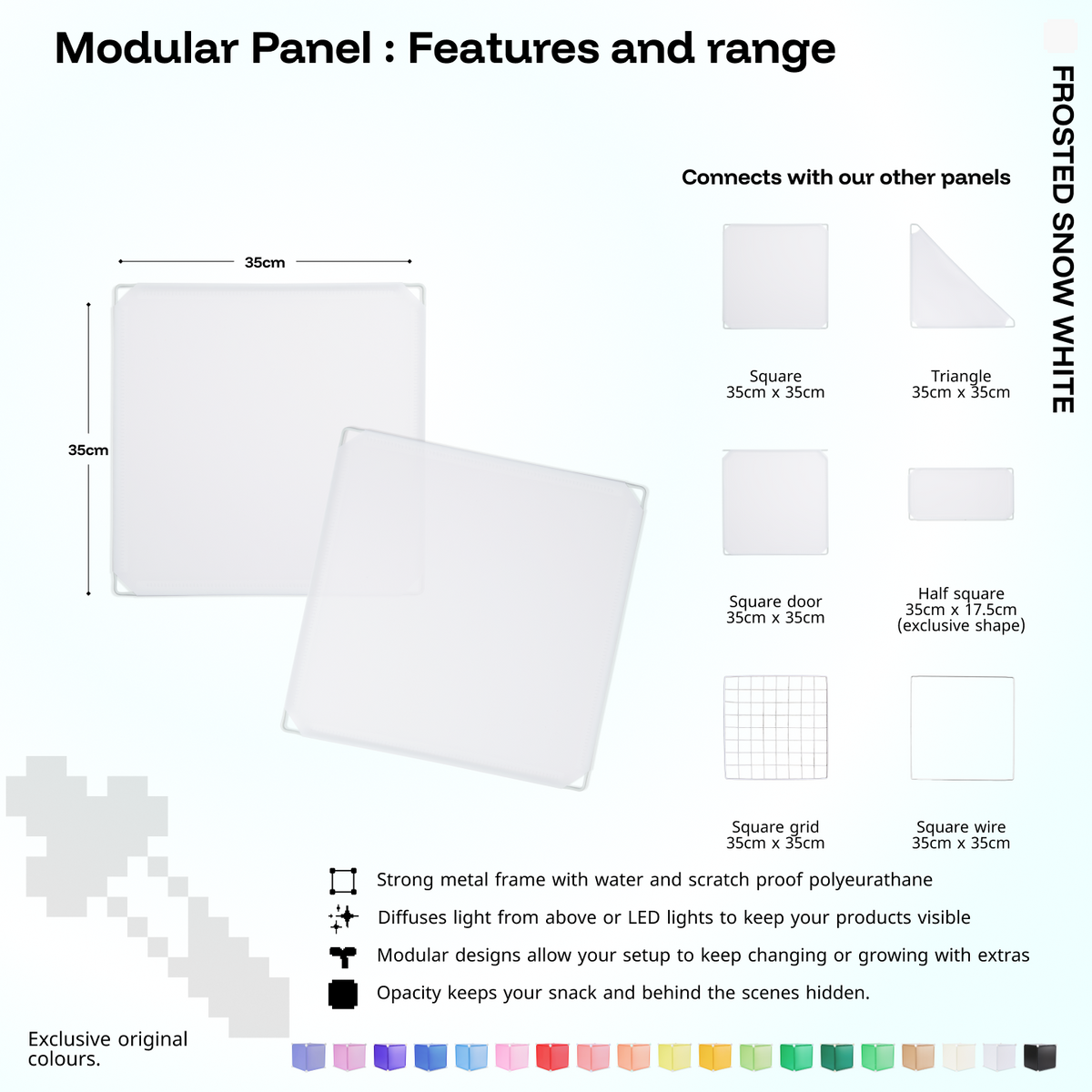 Artistbooths Frosted Snow White panel shape range chart with square, triangle, half-square, door, grid and wire panels (35cm)