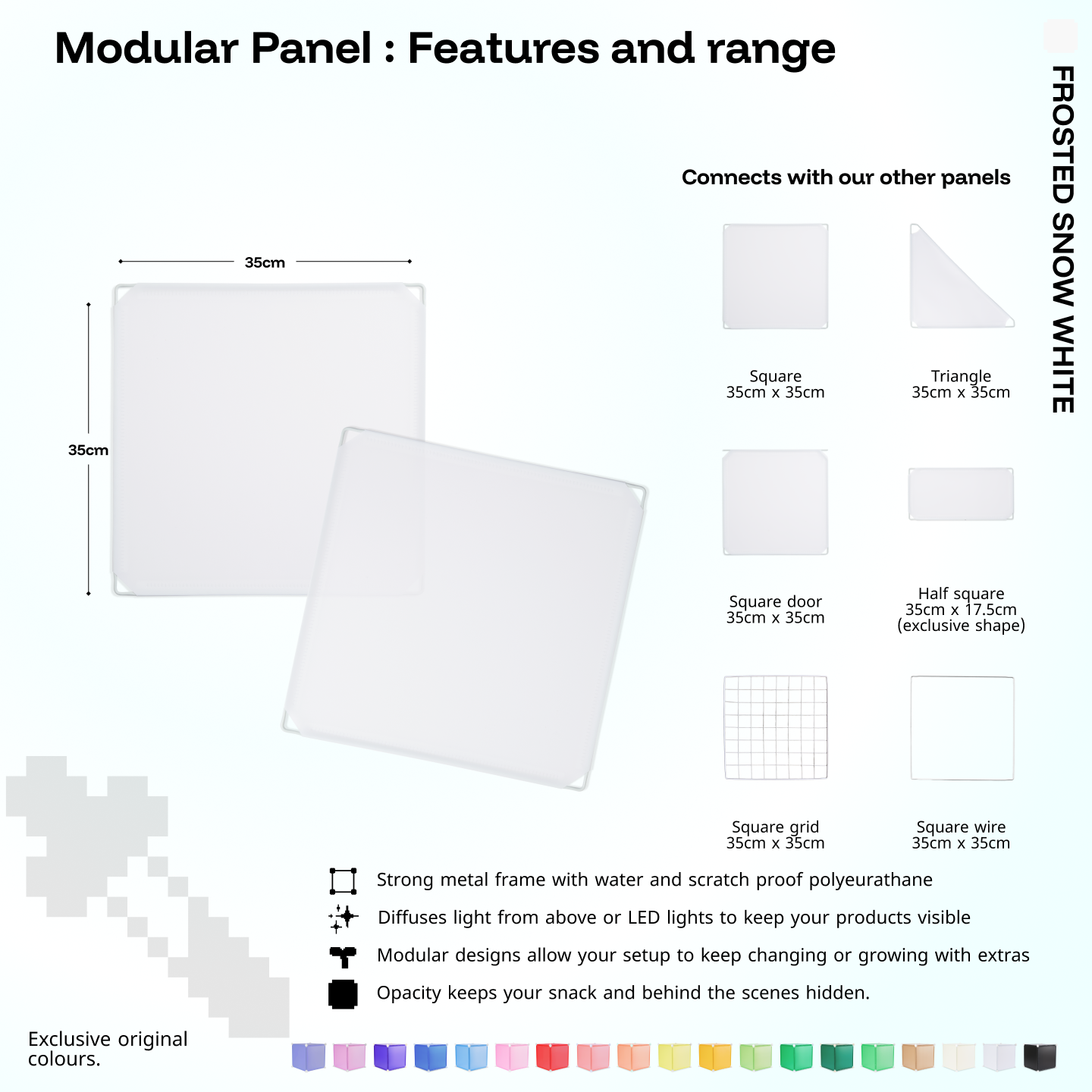 Artistbooths Frosted Snow White panel shape range chart with square, triangle, half-square, door, grid and wire panels (35cm)