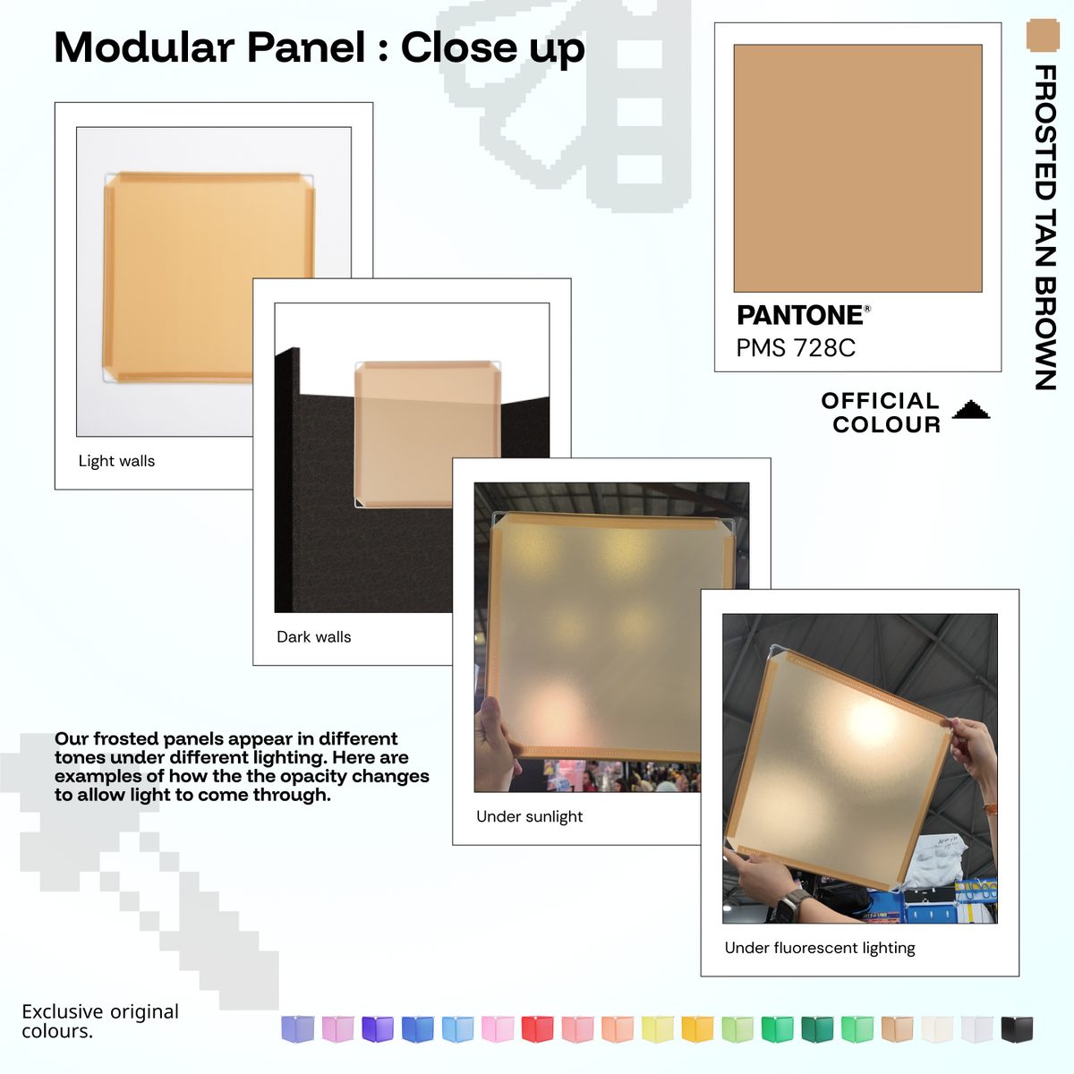 Artistbooths Frosted Tan Brown panel close-ups showing frosted opacity under different lighting