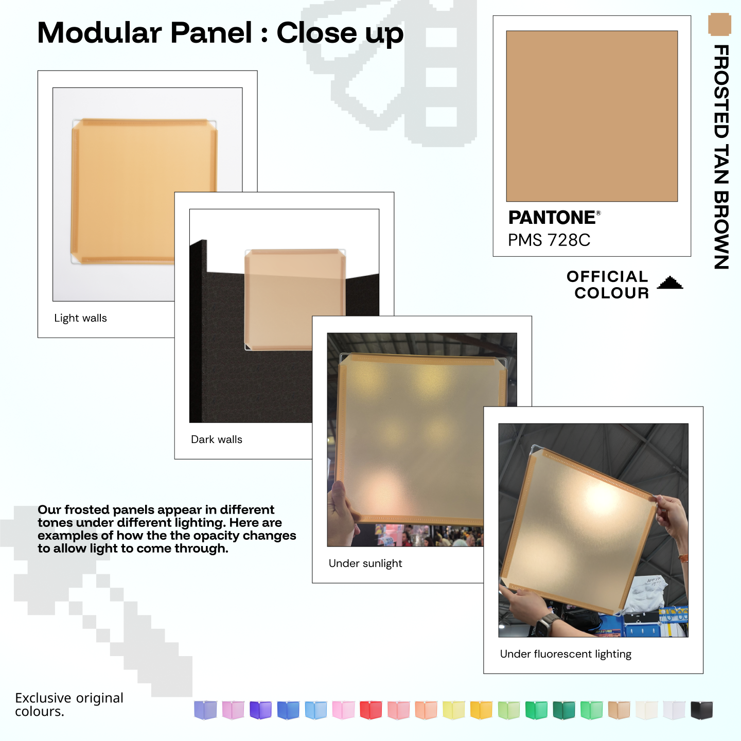 Artistbooths Frosted Tan Brown panel close-ups showing frosted opacity under different lighting