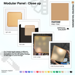 Artistbooths Frosted Tan Brown panel close-ups showing frosted opacity under different lighting (Pantone 728 C)