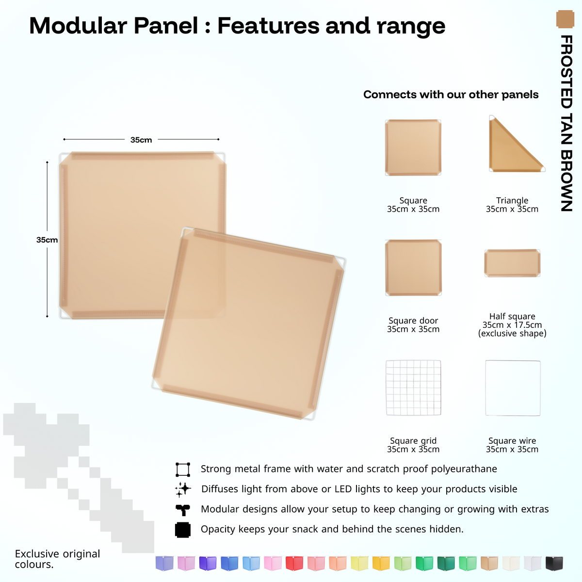 Artistbooths Frosted Tan Brown panel shape range chart with square, triangle, half-square, door, grid and wire panels (35cm)
