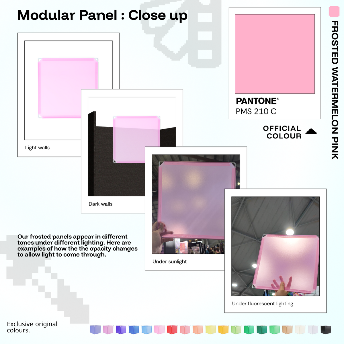 Artistbooths Frosted Watermelon Pink panel close-ups showing frosted opacity under different lighting