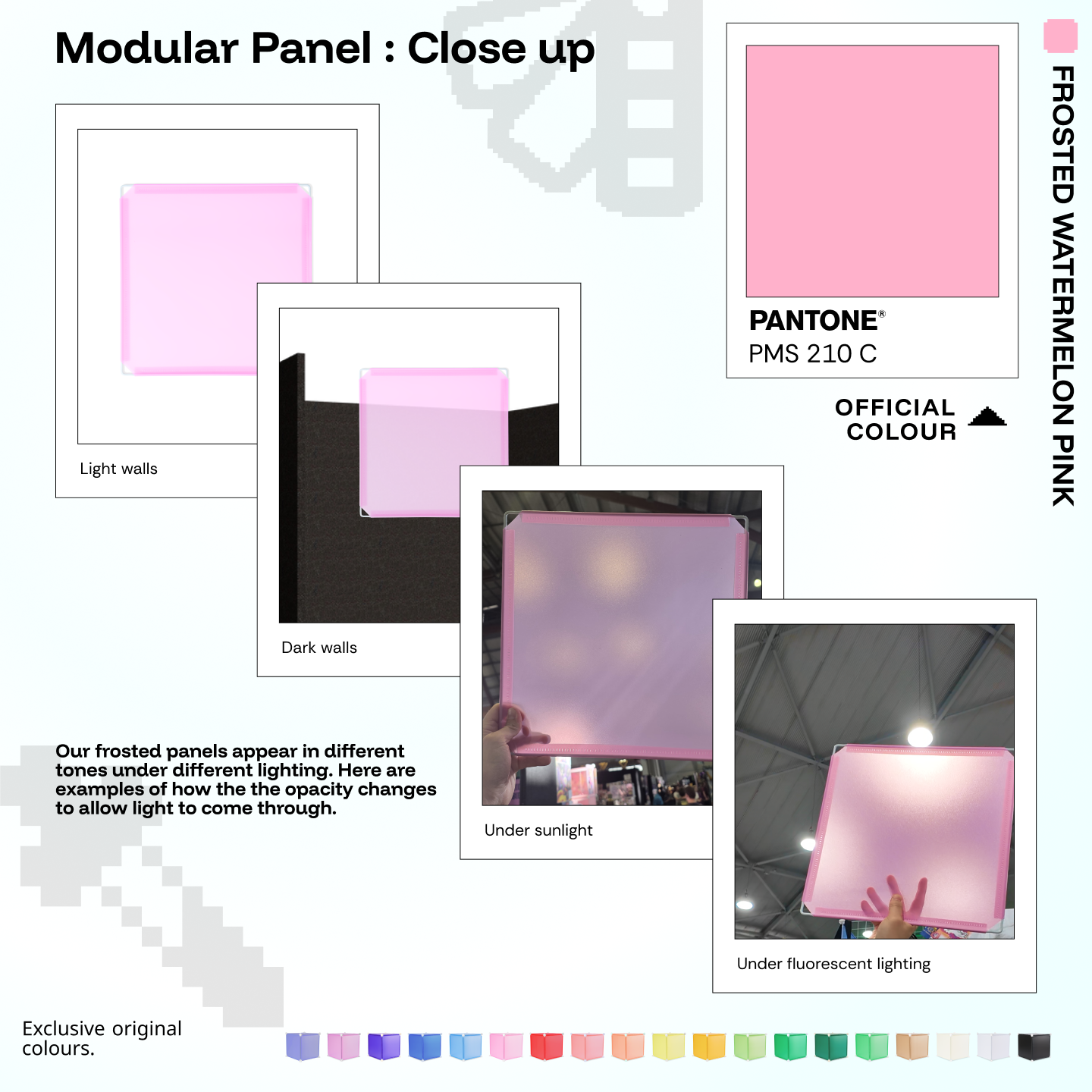 Artistbooths Frosted Watermelon Pink panel close-ups showing frosted opacity under different lighting