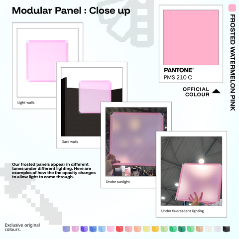 Artistbooths Frosted Watermelon Pink panel close-ups showing frosted opacity under different lighting (PMS 210 C)