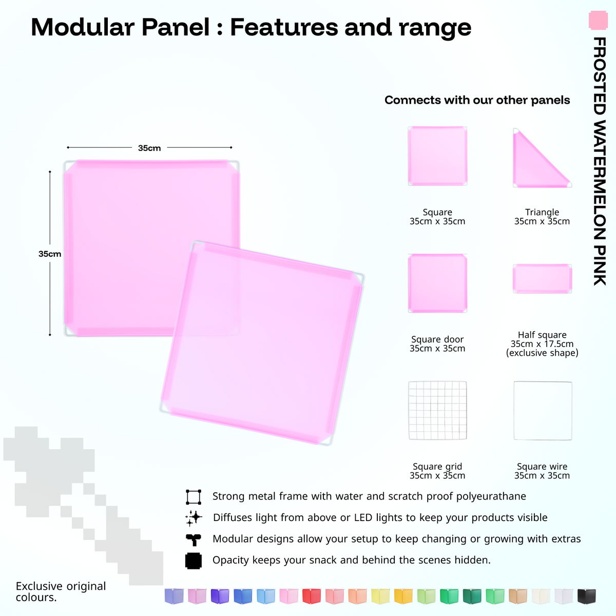 Artistbooths Frosted Watermelon Pink panel shape range chart with square, triangle, half-square, door, grid and wire panels (35cm)